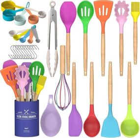 Chef Kitchen Cooking Utensils Set, 33 pcs Non-Stick Silicone Cooking Kitchen Utensils Spatula Set with Holder (Color: Coloful)