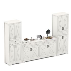 TV Cabinet Set Multifunctional TV Wall, One TV Cabinet And Two Sideboards For Living Room, White, 113.5L X 15W X 68H. (Option: White)